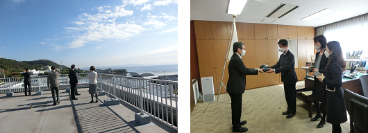 特総研屋上見学（写真左）及び韓国国立特殊教育院長から記念品の贈呈（写真右）の写真